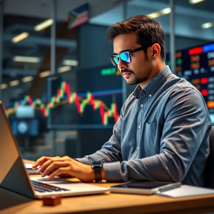 Virtual Trading Experience for South African Market Investors Conceptual illustration of a South African investor analyzing virtual stock market trends on a digital platform