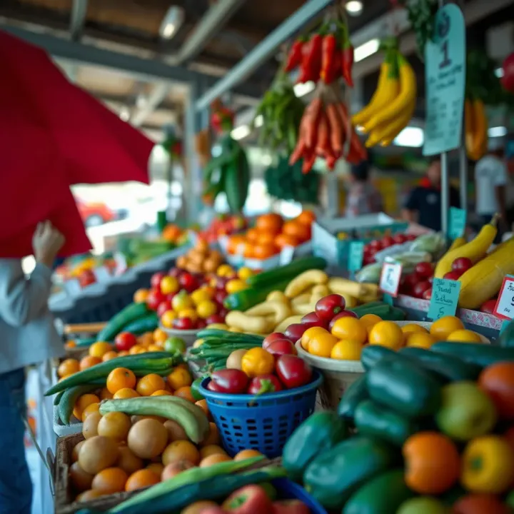Fresh fruits and vegetables displayed at Tokai market stalls under natural daylight
