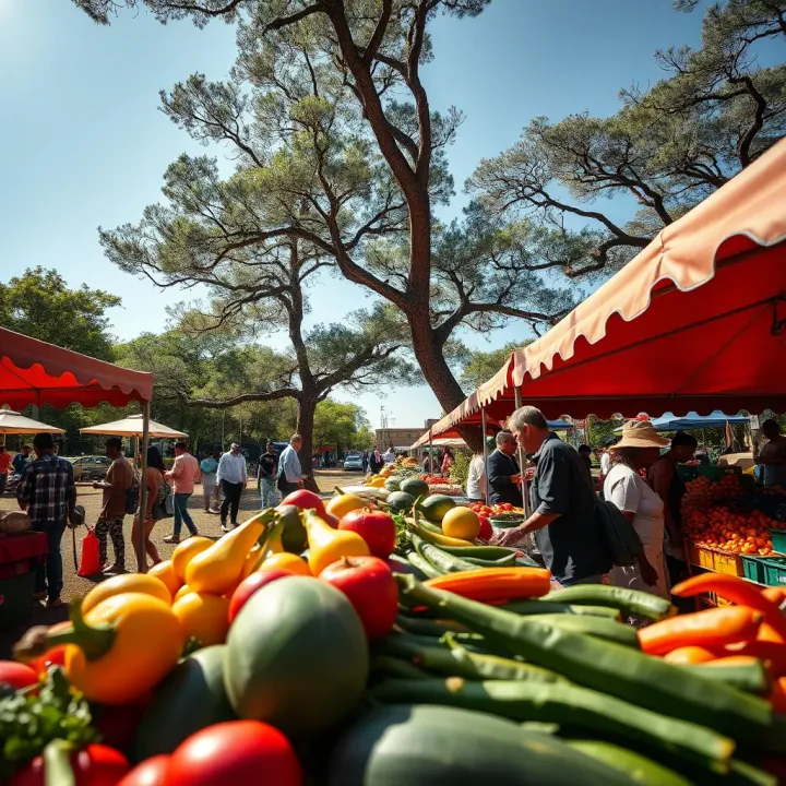 Trading Hours and Community Markets in South African Parks Colorful park setting with vendors and customers browsing fresh produce under sunny skies