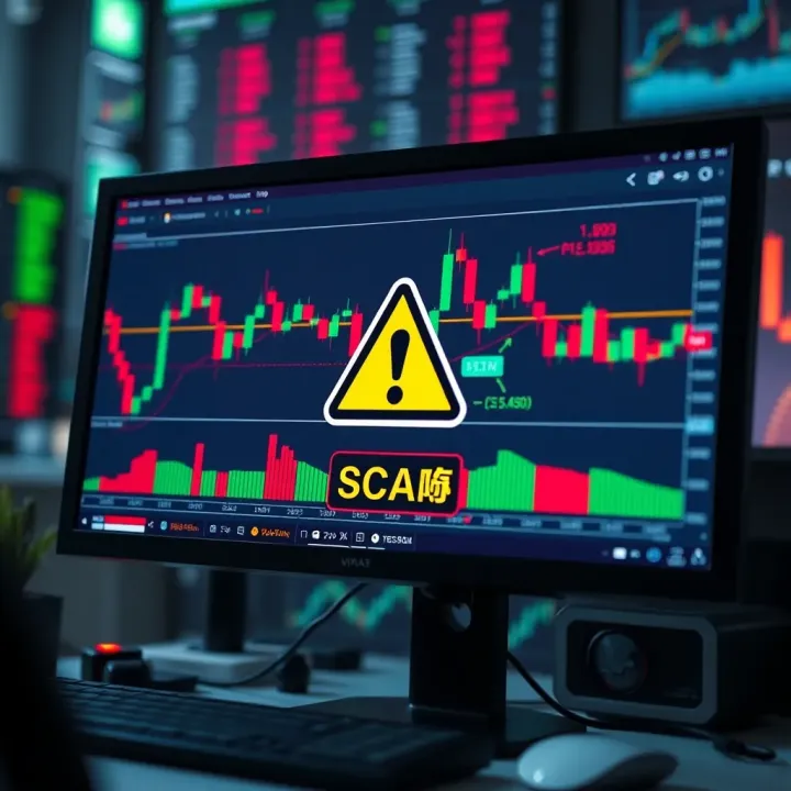 Illustration showing a computer screen displaying binary options trading charts with warning icons