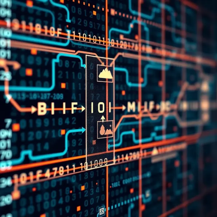 Binary Coding Schemes and Error Detection in Digital Communication Visual of digital data flow showing different binary coding schemes and error detection mechanisms in electronic communication