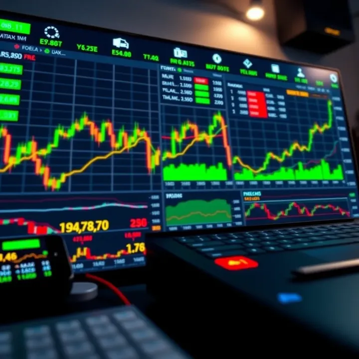 Dashboard displaying a simulated binary options trading platform with charts and financial data