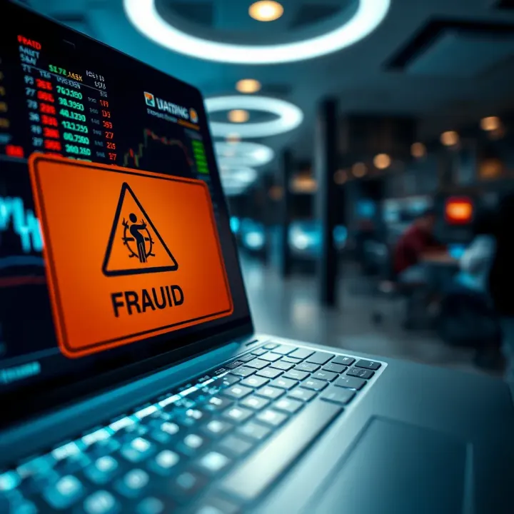 Illustration of a deceptive online trading platform with warning signs of fraud