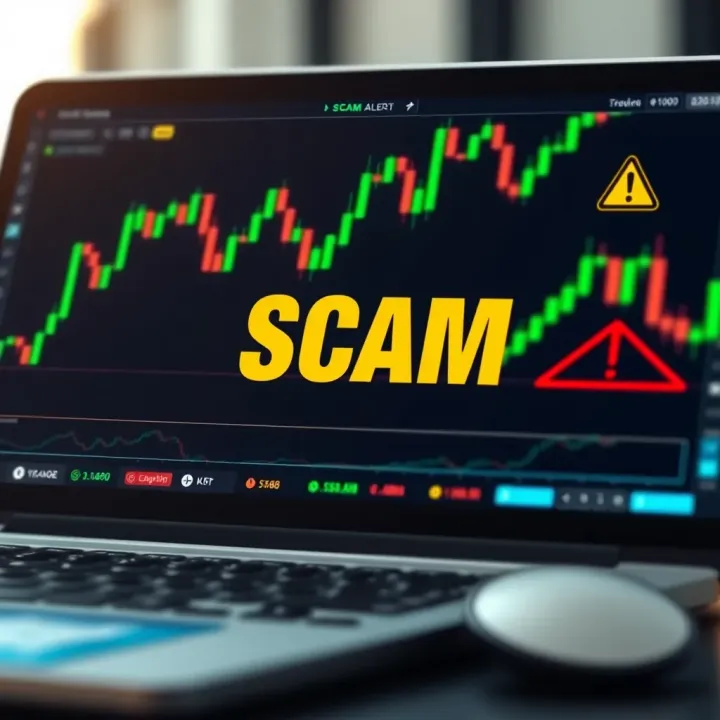 Digital representation of online financial trading with warning symbols indicating scam alerts