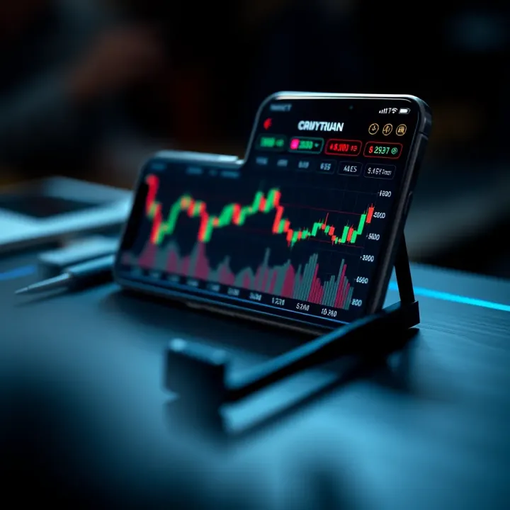 Mobile device displaying binary trading app interface with charts and options