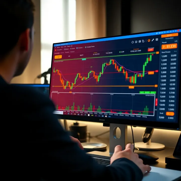 Illustration of a computer screen showing a binary trading platform interface with simulated market charts and trade options