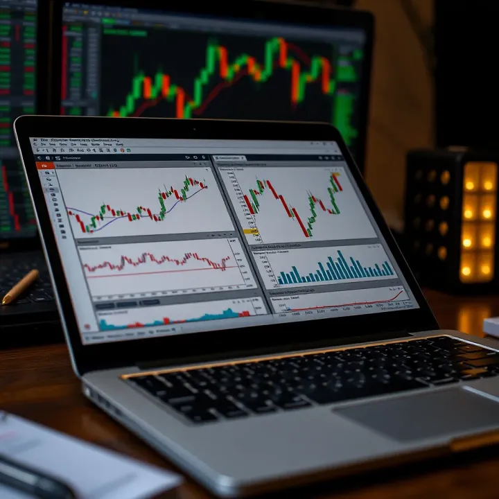 Open forex trading course PDF on laptop with charts and currency symbols