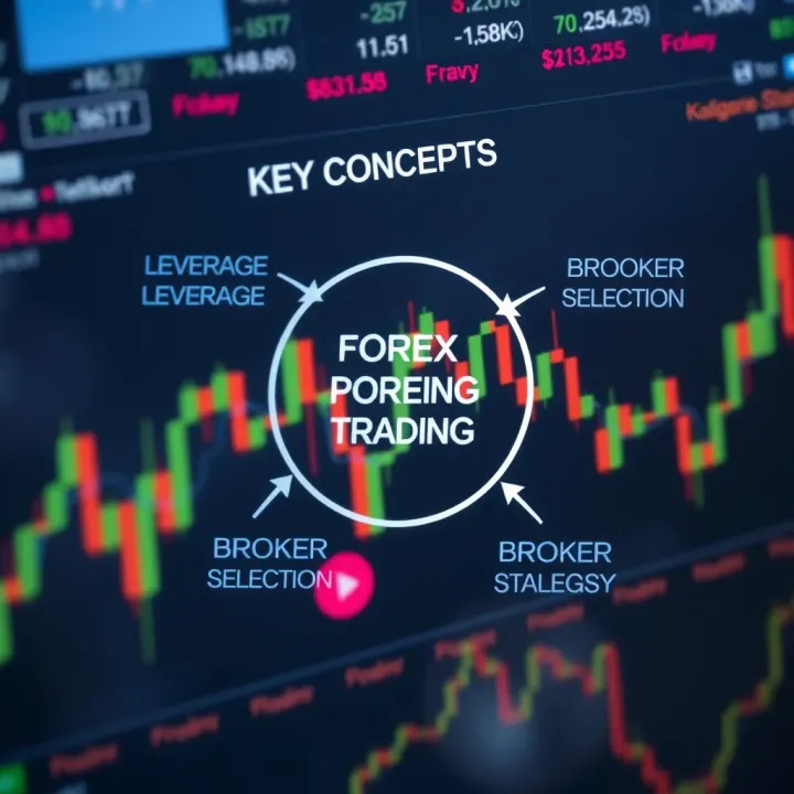 Diagram illustrating key forex trading concepts including leverage, risk management, and broker selection