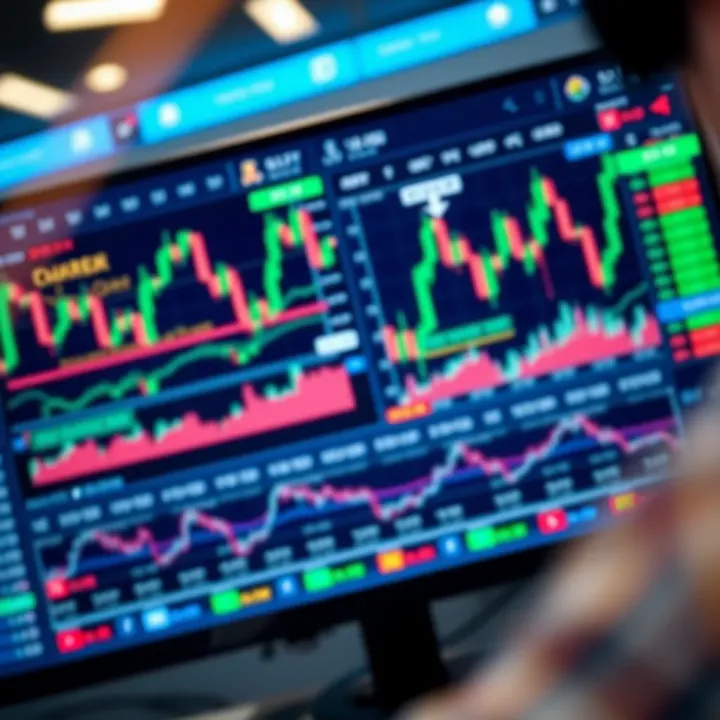 Forex trading platform interface displaying multiple currency charts and technical indicators