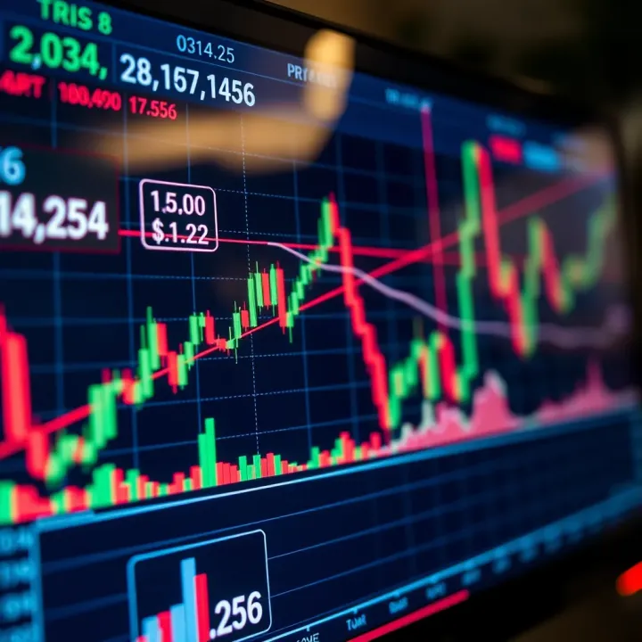 Forex Trading Signals and Currency Trend Analysis Graph showing forex trading signals with indicators and currency trends on a digital screen