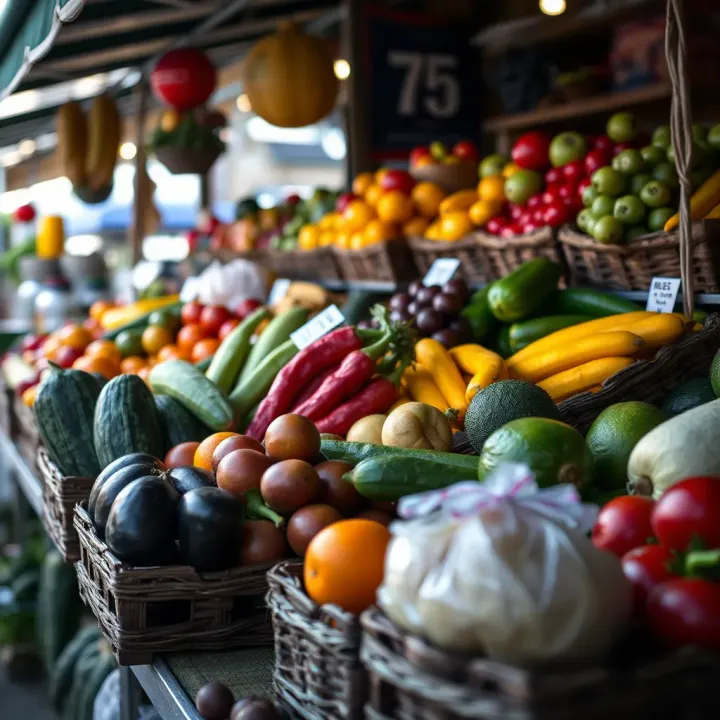 Fresh assortment of fruits and vegetables displayed at a local Knysna market stall