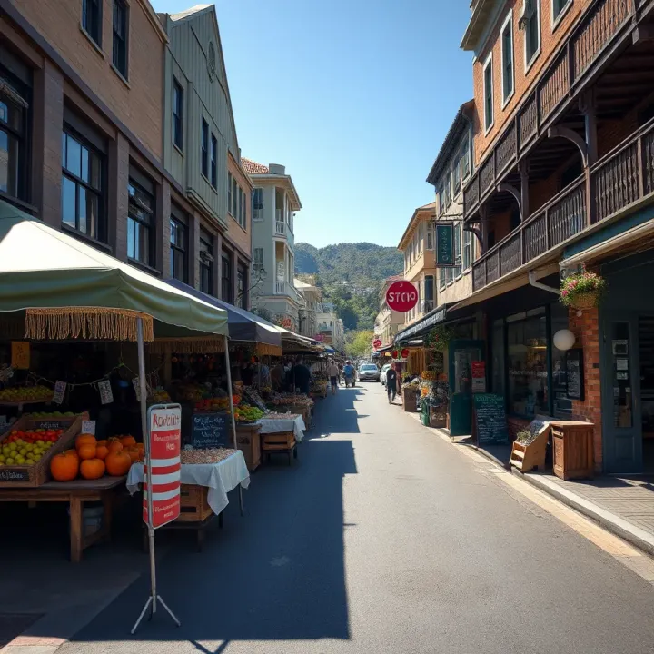 Knysna Trading Hours for Fruit and Vegetable Shops Knysna street with shops and market stalls open during trading hours on a sunny day