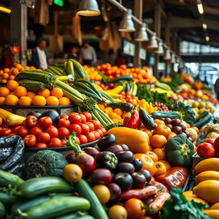 Fresh fruits and vegetables displayed at a bustling market stall in Somerset West during trading hours