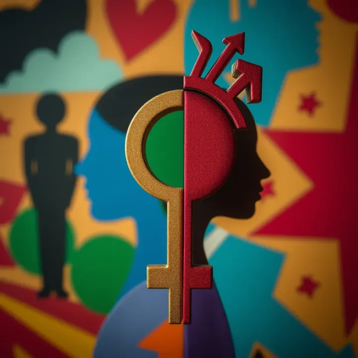 Colorful abstract representation of diverse gender symbols intertwined to illustrate gender non-binary identity