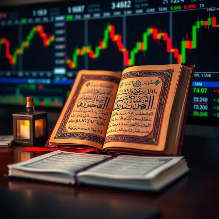 Conceptual illustration of Islamic finance principles with Quran and forex trading charts