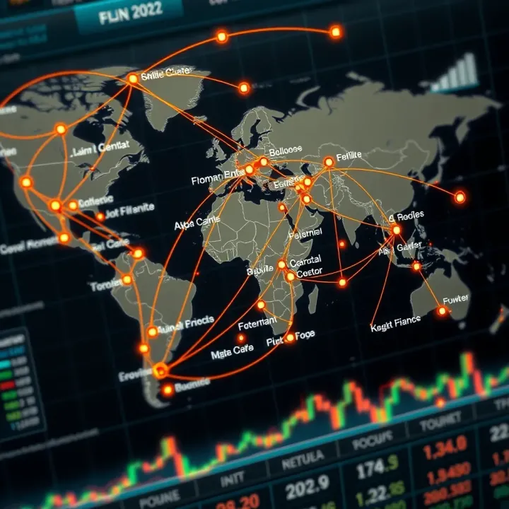 Global Financial Centers and Economic Event Networks Global map highlighting major financial centers connected by data streams symbolizing economic events