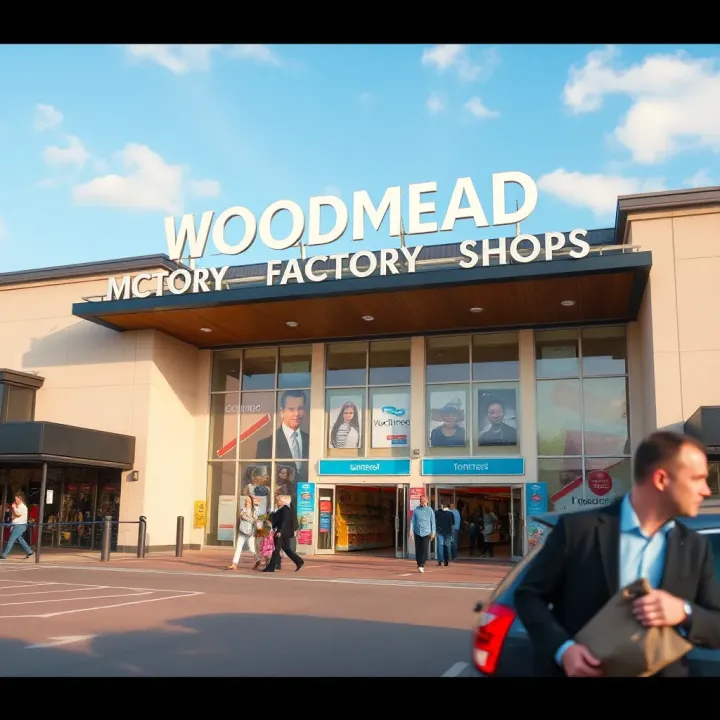 Exterior View of Woodmead Factory Shops Entrance Entrance to Woodmead Factory Shops featuring storefronts and shoppers under a clear sky